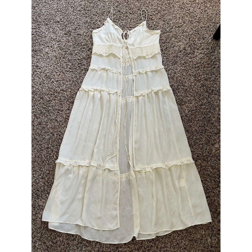 OAK + FORT Cream Ruffle Tiered Maxi Dress XXS Tie Front Coquette Cottagecore - Picture 7 of 14